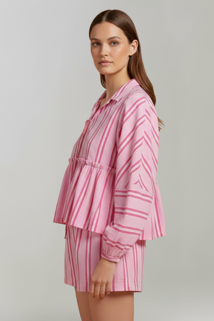 Virelia | Dames 2-delige set – top met lange mouwen en strik aan de voorkant & shorts met hoge taille