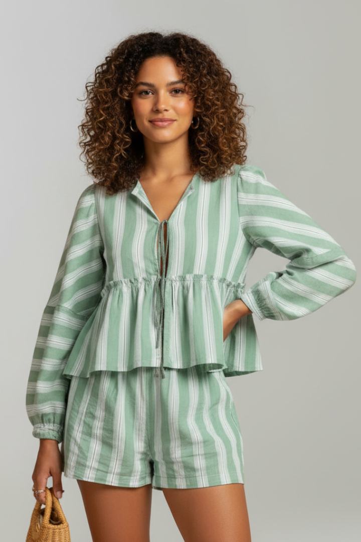 Virelia | Dames 2-delige set – top met lange mouwen en strik aan de voorkant & shorts met hoge taille