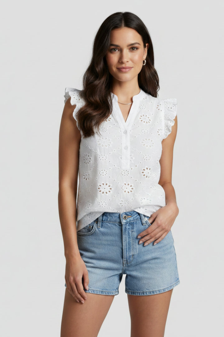 Danessa | Dames broderie blouse – mouwloze top met ruches op de schouders