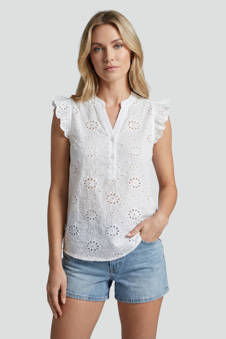 Danessa | Dames broderie blouse – mouwloze top met ruches op de schouders