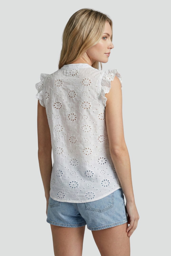 Danessa | Dames broderie blouse – mouwloze top met ruches op de schouders