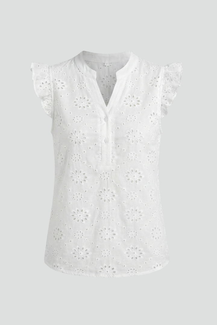Danessa | Dames broderie blouse – mouwloze top met ruches op de schouders