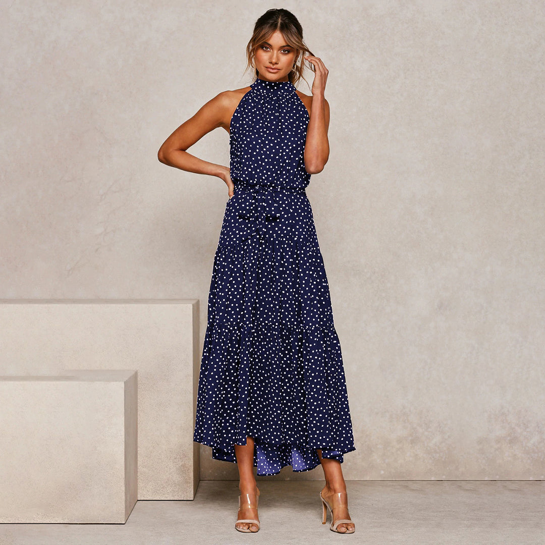 Cira | Midi-jurk met ruches voor dames – Elegante, soepel vallende casual jurk met stippen