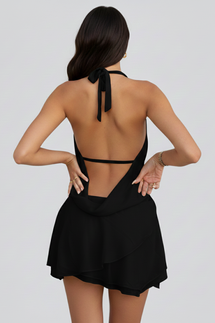 Pria | Dames backless mini-jurk – halterjurk met ronde hals en open rug, partyjurk