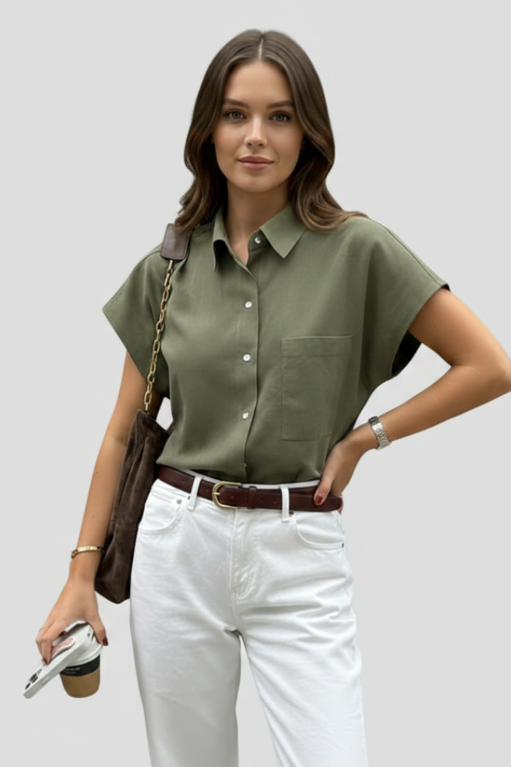 Lioris | Dames overhemd met knoopsluiting – blouse met korte mouwen, kraag en borstzak