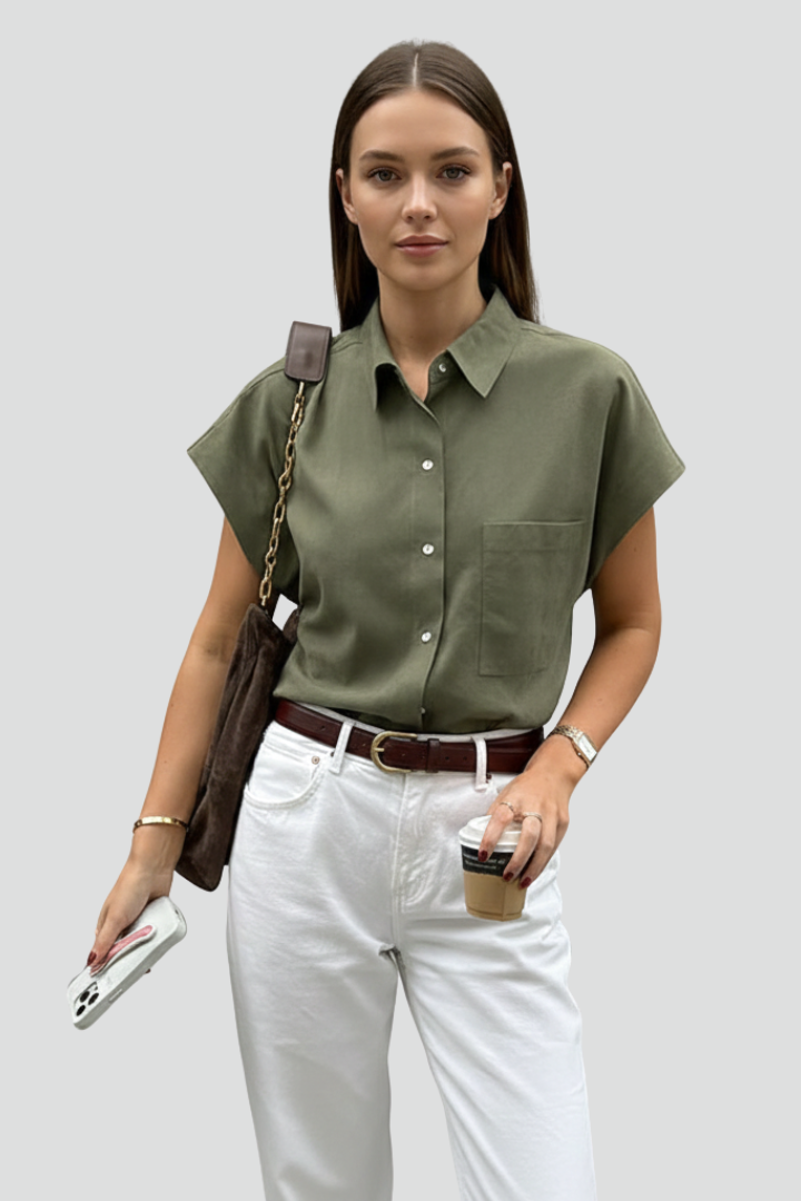 Lioris | Dames overhemd met knoopsluiting – blouse met korte mouwen, kraag en borstzak