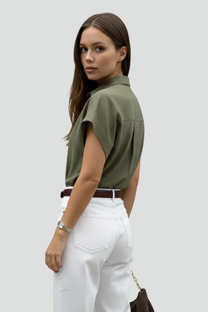 Lioris | Dames overhemd met knoopsluiting – blouse met korte mouwen, kraag en borstzak