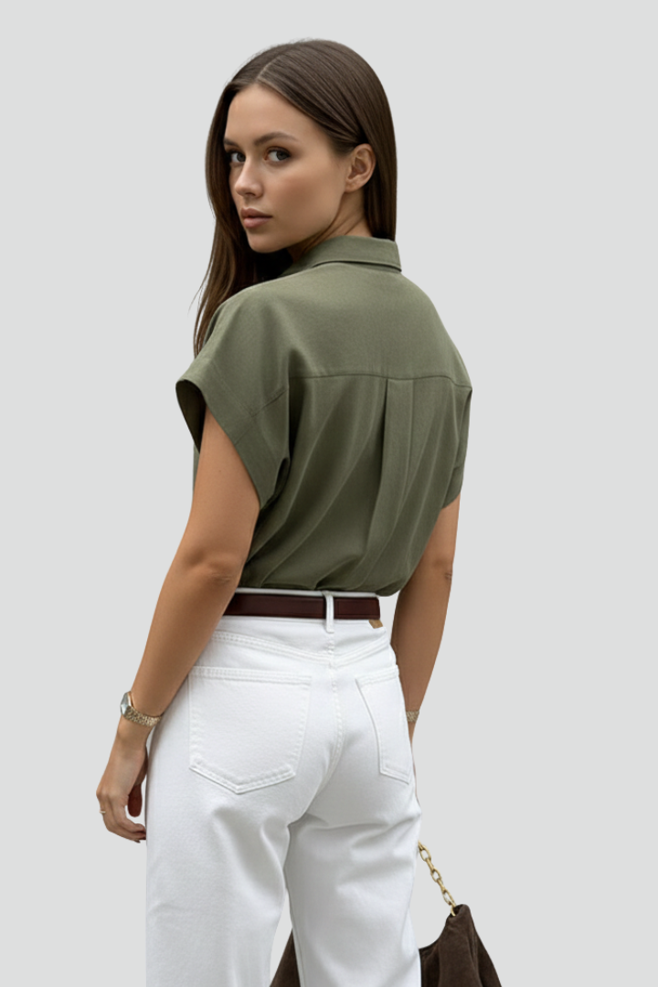 Lioris | Dames overhemd met knoopsluiting – blouse met korte mouwen, kraag en borstzak