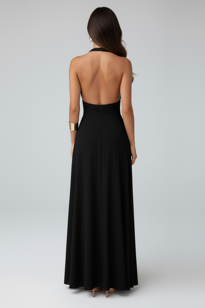 Kaelys | Dames maxi-jurk – jurk met striksluiting bij de hals, diepe V-hals en split, elegante lange mouwen