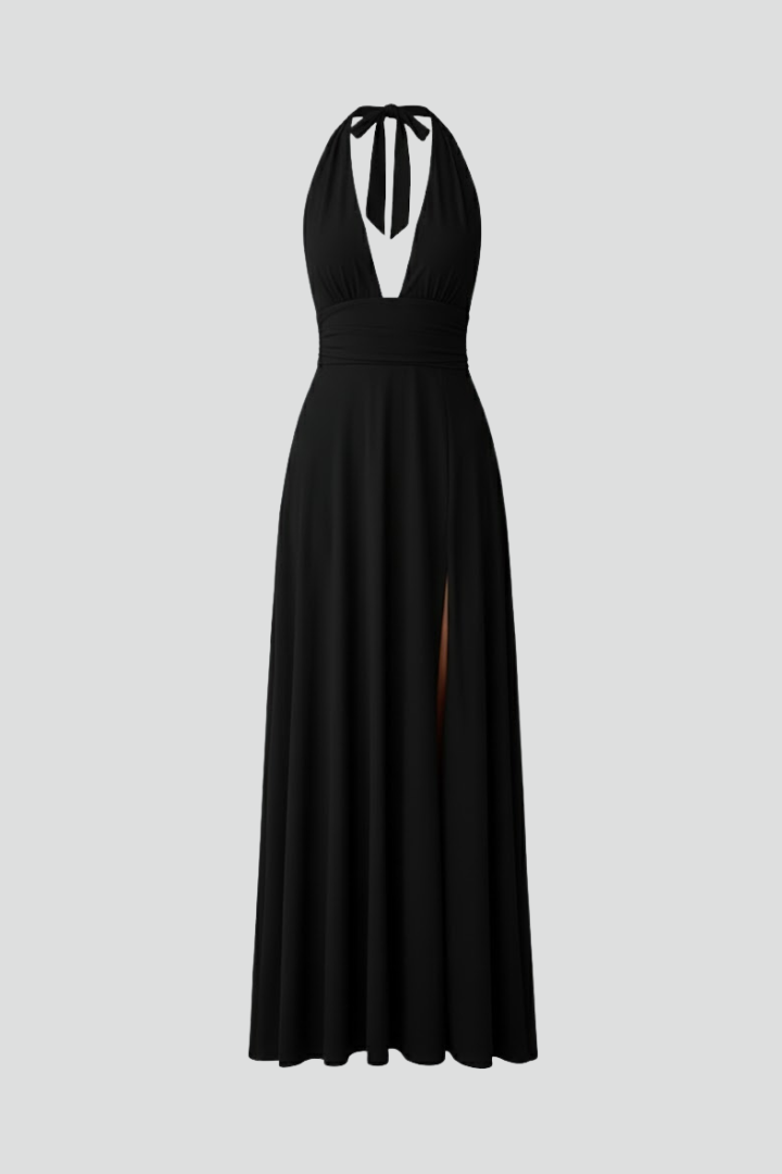 Kaelys | Dames maxi-jurk – jurk met striksluiting bij de hals, diepe V-hals en split, elegante lange mouwen