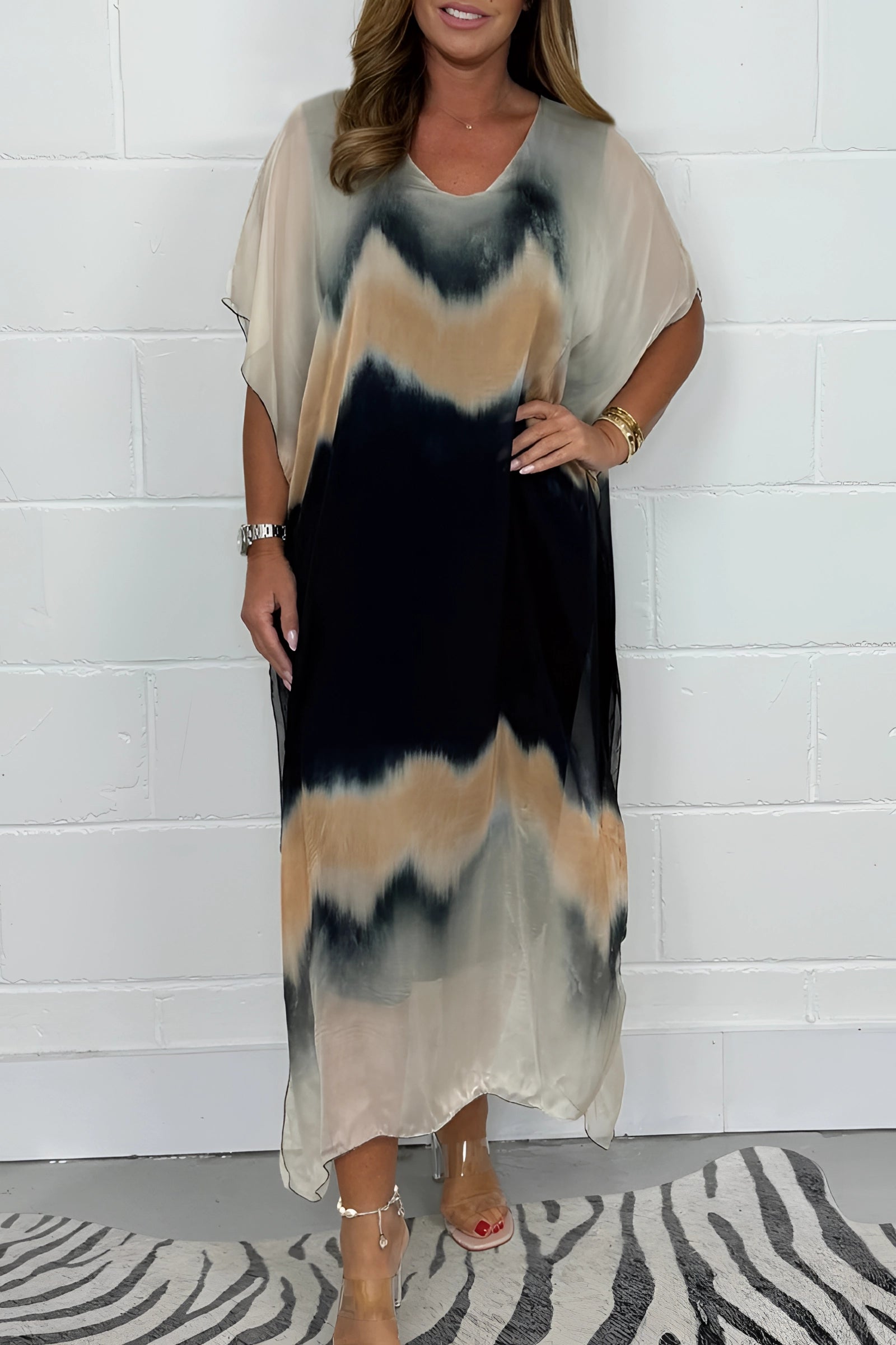 Orelle | Dames maxi-jurk van tie-dye chiffon, casual zomerse strandjurk met vleermuismouwen