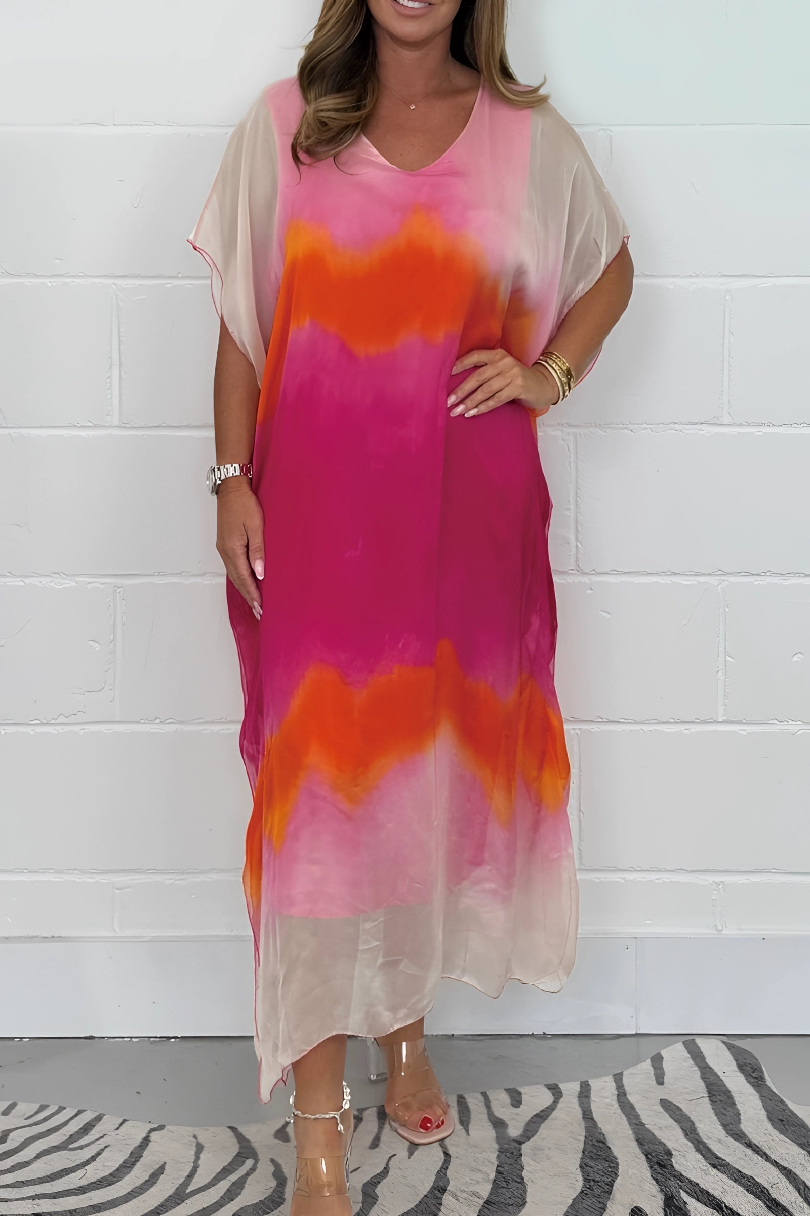 Orelle | Dames maxi-jurk van tie-dye chiffon, casual zomerse strandjurk met vleermuismouwen