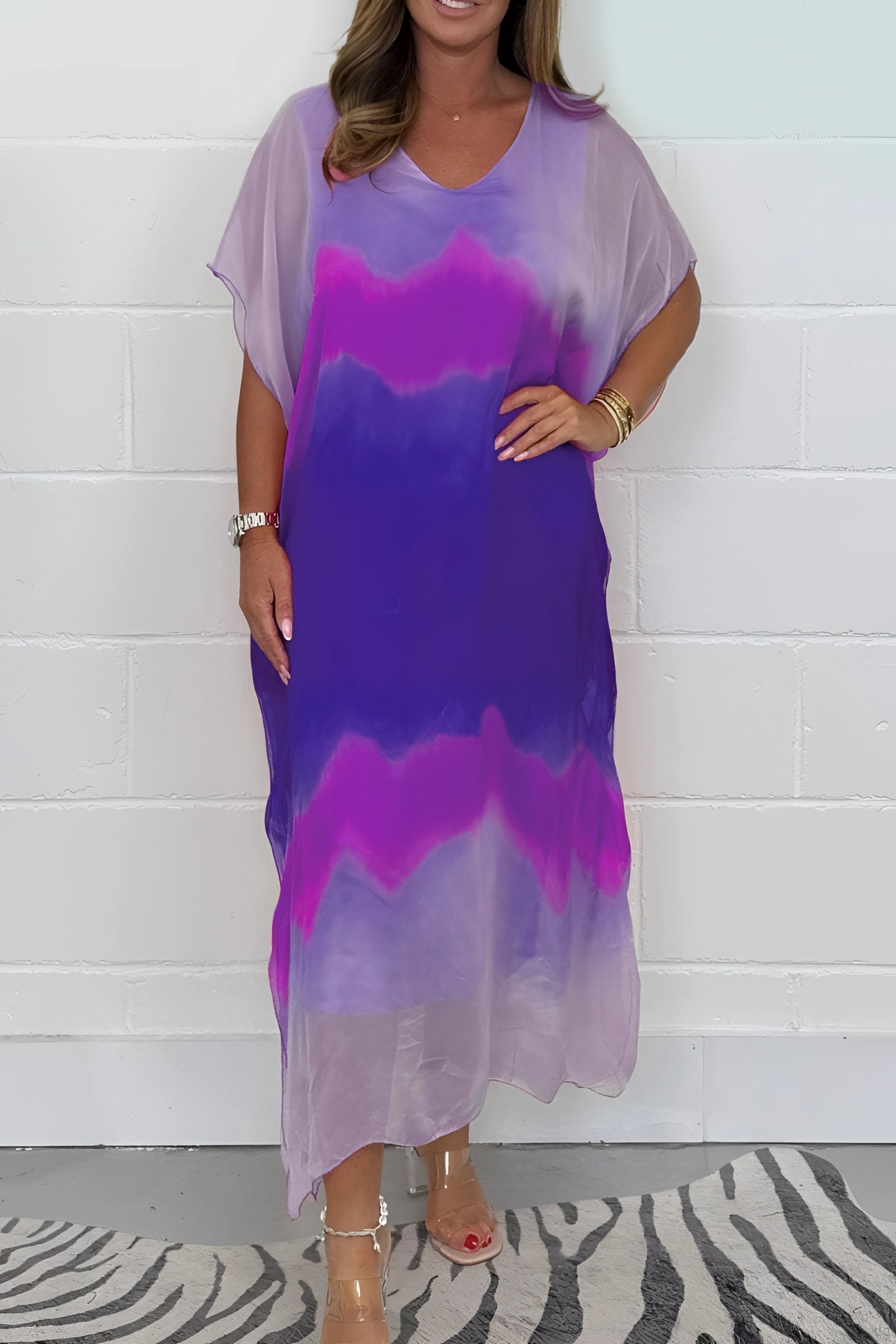 Orelle | Dames maxi-jurk van tie-dye chiffon, casual zomerse strandjurk met vleermuismouwen