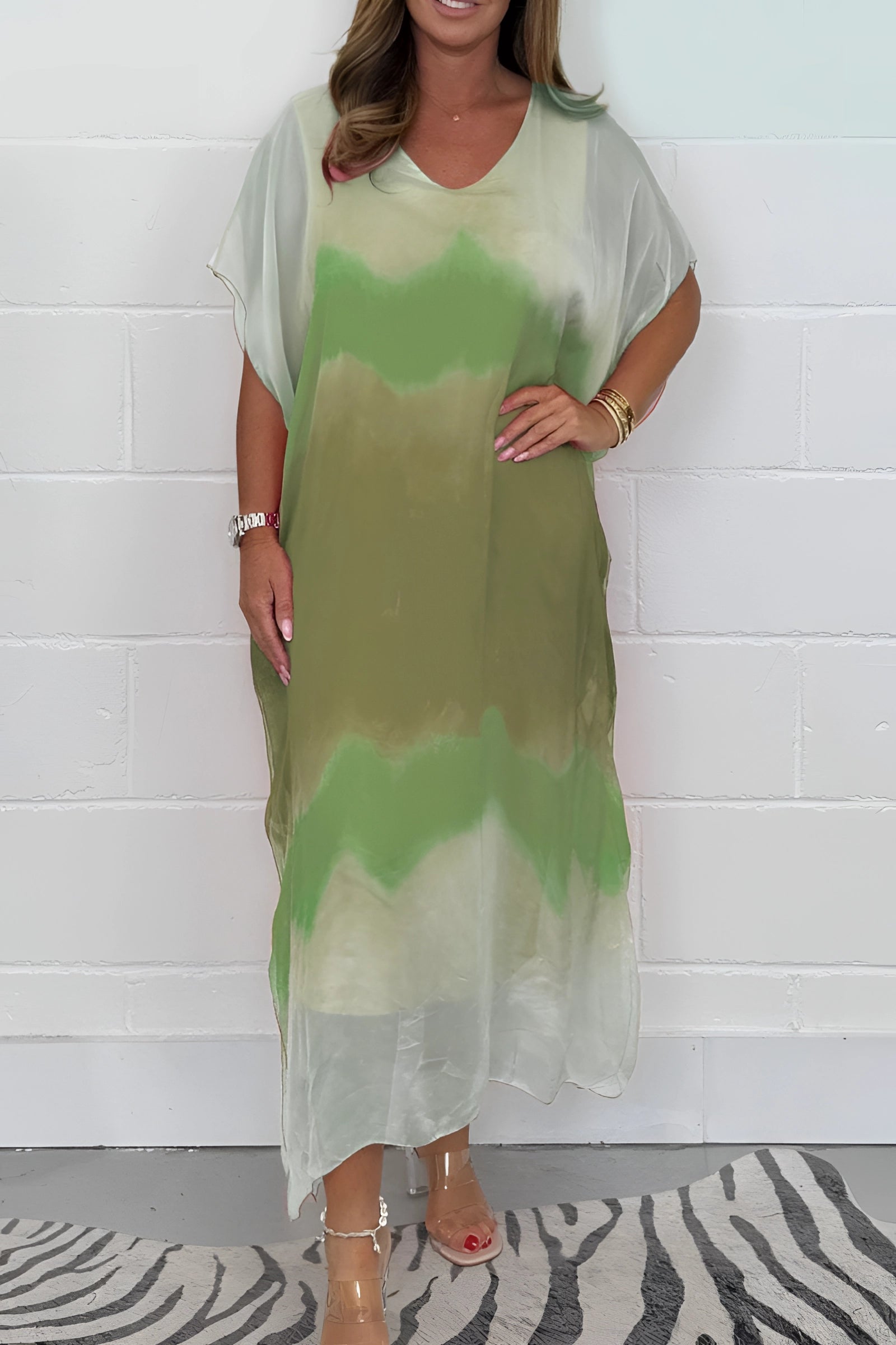 Orelle | Dames maxi-jurk van tie-dye chiffon, casual zomerse strandjurk met vleermuismouwen