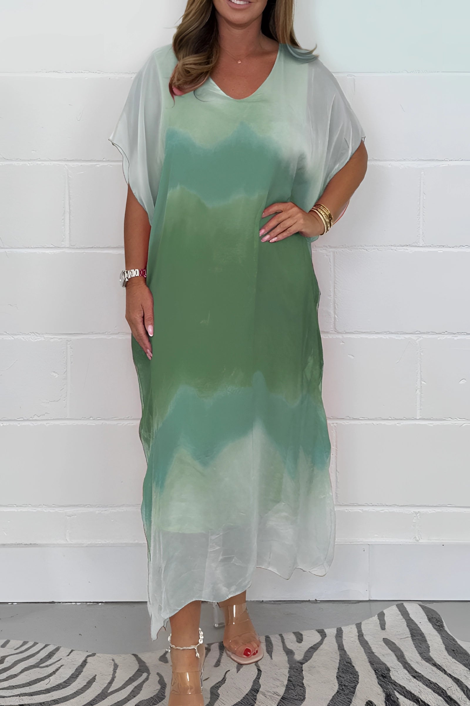 Orelle | Dames maxi-jurk van tie-dye chiffon, casual zomerse strandjurk met vleermuismouwen