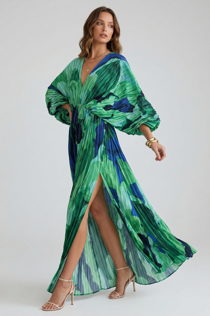 Alera | Dames maxi-jurk met print – geplooide jurk met V-hals en lange mouwen