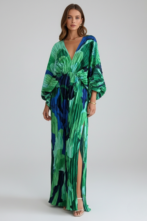 Alera | Dames maxi-jurk met print – geplooide jurk met V-hals en lange mouwen