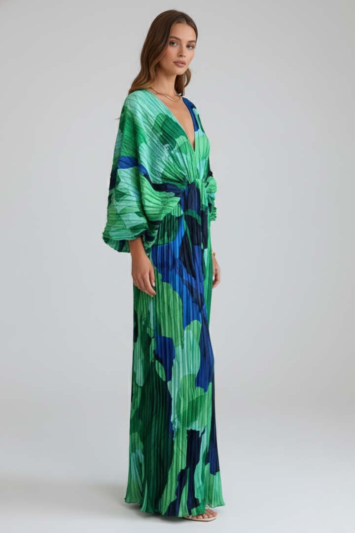 Alera | Dames maxi-jurk met print – geplooide jurk met V-hals en lange mouwen