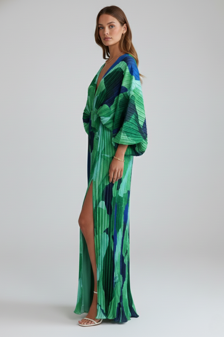 Alera | Dames maxi-jurk met print – geplooide jurk met V-hals en lange mouwen