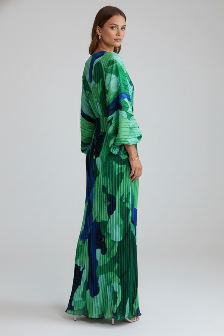 Alera | Dames maxi-jurk met print – geplooide jurk met V-hals en lange mouwen