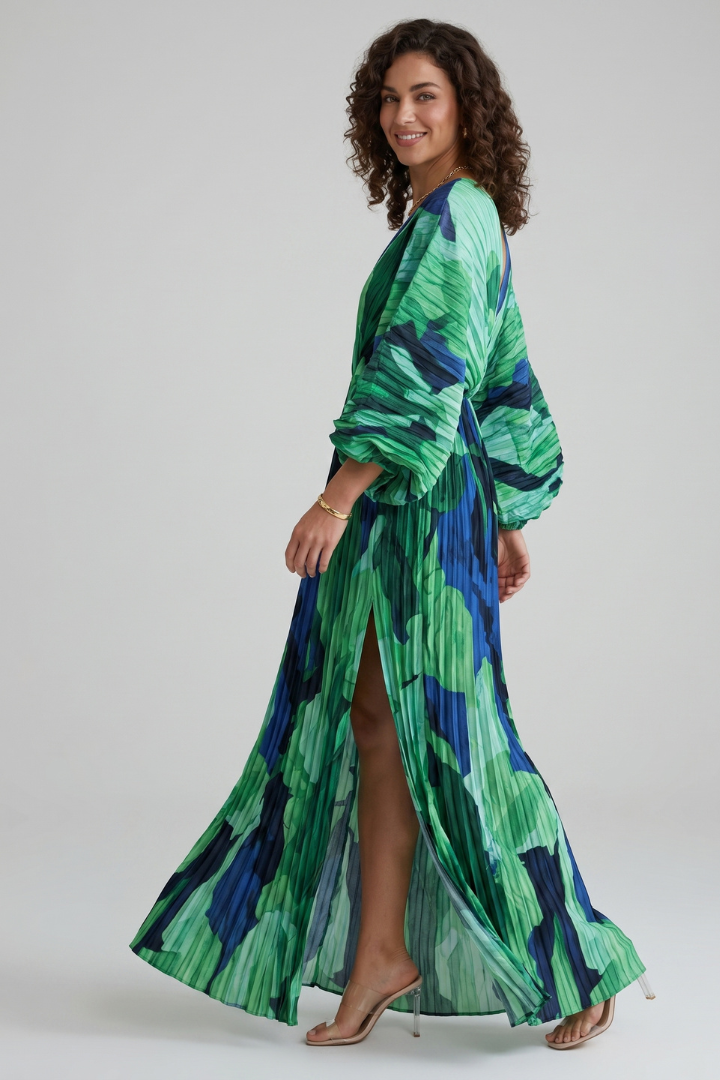Alera | Dames maxi-jurk met print – geplooide jurk met V-hals en lange mouwen