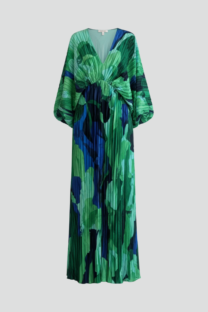 Alera | Dames maxi-jurk met print – geplooide jurk met V-hals en lange mouwen