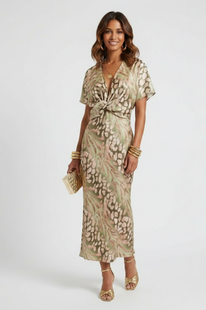 Elinor | Dames bloemen midi-jurk – geplooide A-lijn jurk met V-halss