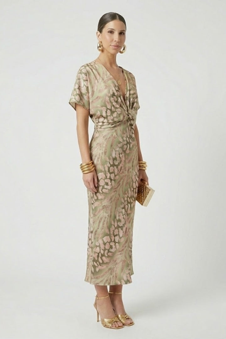 Elinor | Dames bloemen midi-jurk – geplooide A-lijn jurk met V-halss
