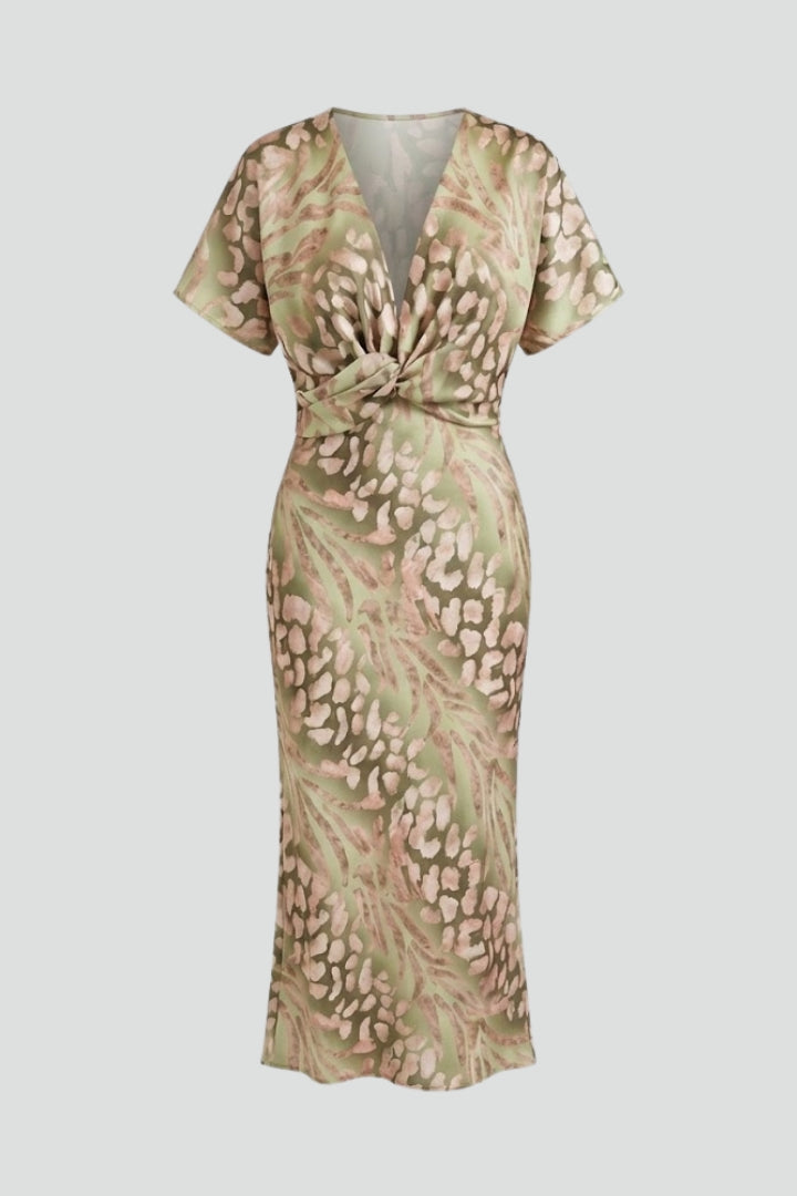 Elinor | Dames bloemen midi-jurk – geplooide A-lijn jurk met V-halss