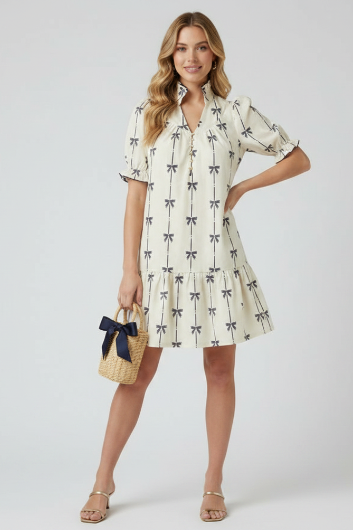 Priselle | Dames mini-jurk met strikprint – A-lijn zomerjurk met pofmouwen