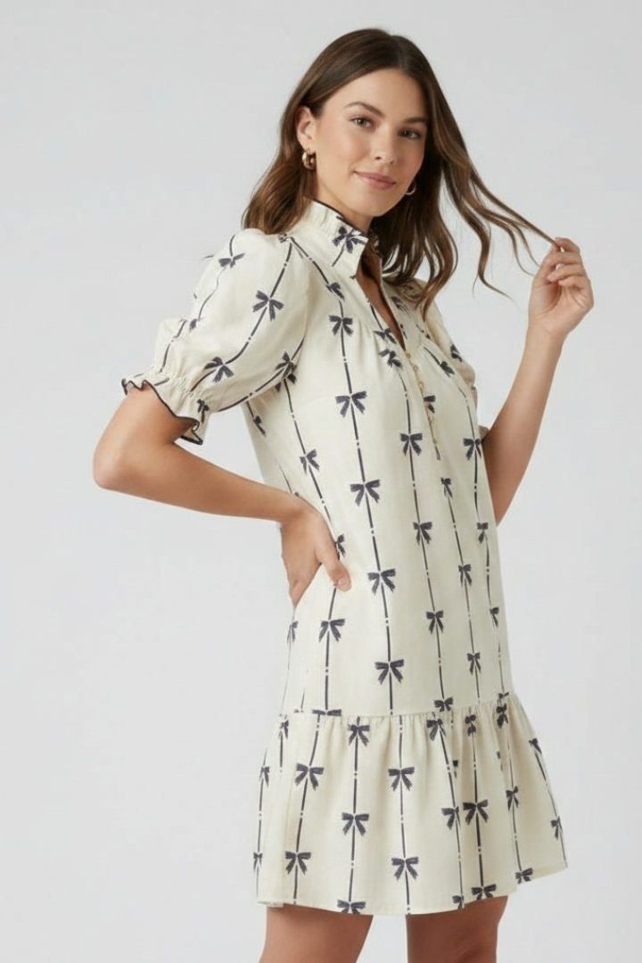 Priselle | Dames mini-jurk met strikprint – A-lijn zomerjurk met pofmouwen