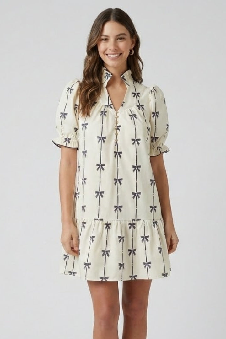 Priselle | Dames mini-jurk met strikprint – A-lijn zomerjurk met pofmouwen