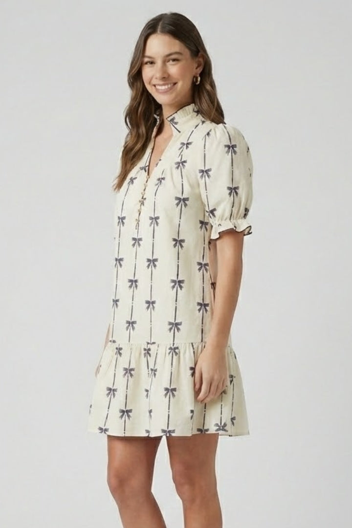 Priselle | Dames mini-jurk met strikprint – A-lijn zomerjurk met pofmouwen