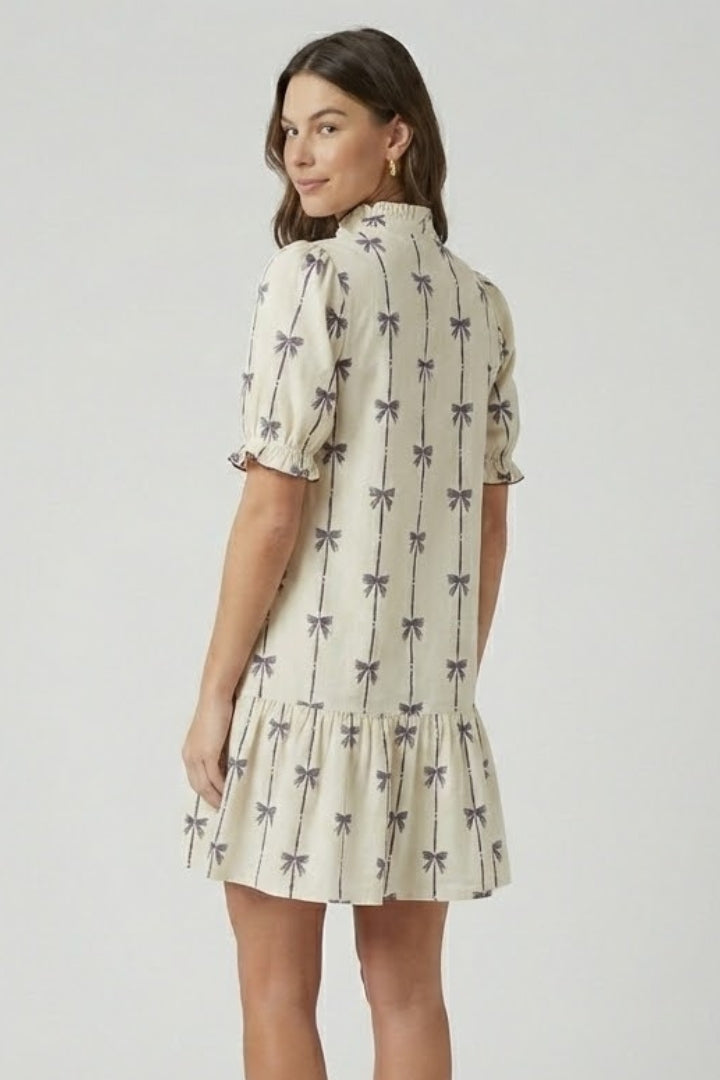 Priselle | Dames mini-jurk met strikprint – A-lijn zomerjurk met pofmouwen