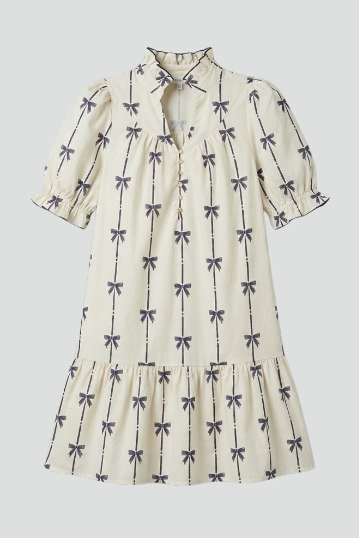 Priselle | Dames mini-jurk met strikprint – A-lijn zomerjurk met pofmouwen