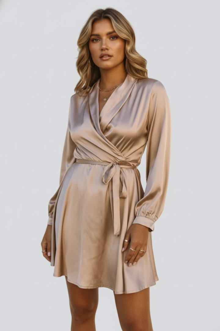 Esme | Satijnen mini-jurk voor dames – Jurk met V-hals en overslag in de taille