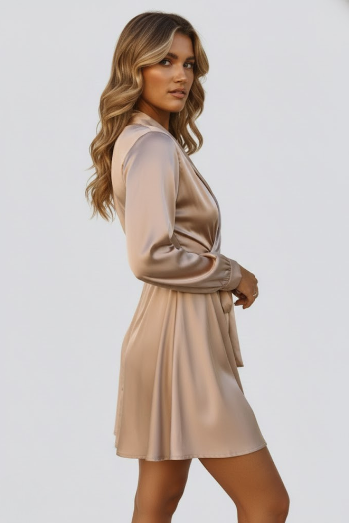 Esme | Satijnen mini-jurk voor dames – Jurk met V-hals en overslag in de taille