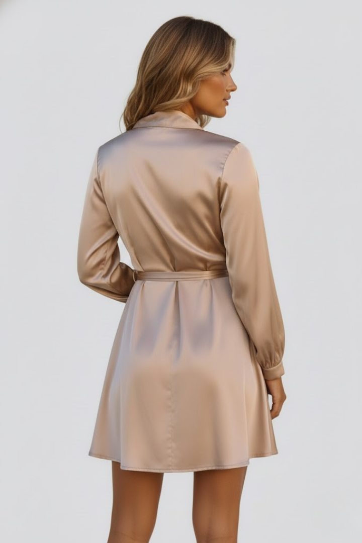 Esme | Satijnen mini-jurk voor dames – Jurk met V-hals en overslag in de taille