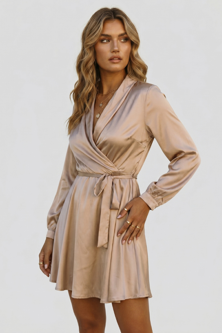 Esme | Satijnen mini-jurk voor dames – Jurk met V-hals en overslag in de taille