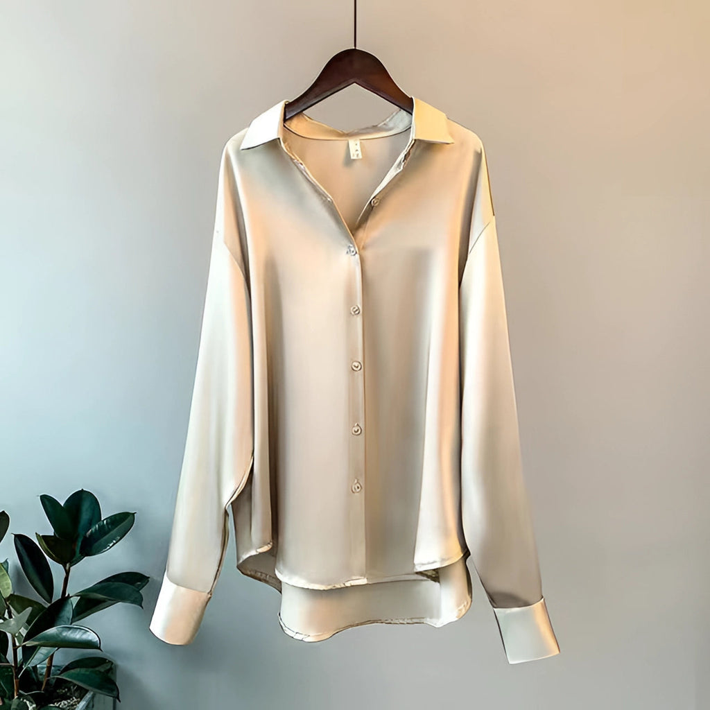Elowena | Dames satijnen blouse met lange mouwen, knoopsluiting, geschikt voor werk, formeel en casual