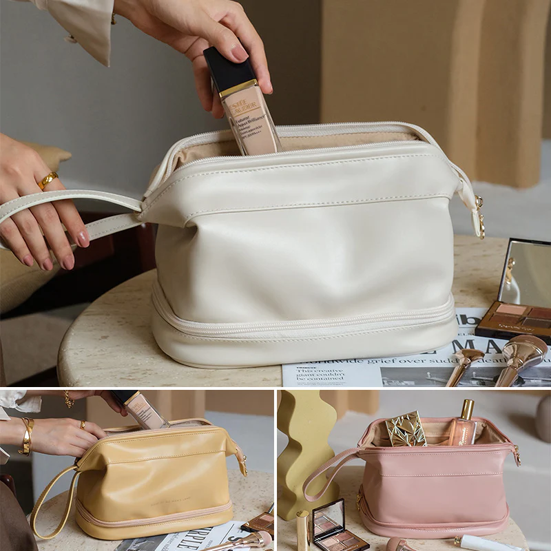 GlamBag | Draagbare PU-make-uptas – Reisvriendelijk, waterdicht, lichtgewicht, dubbellaagse cosmetica-organizer