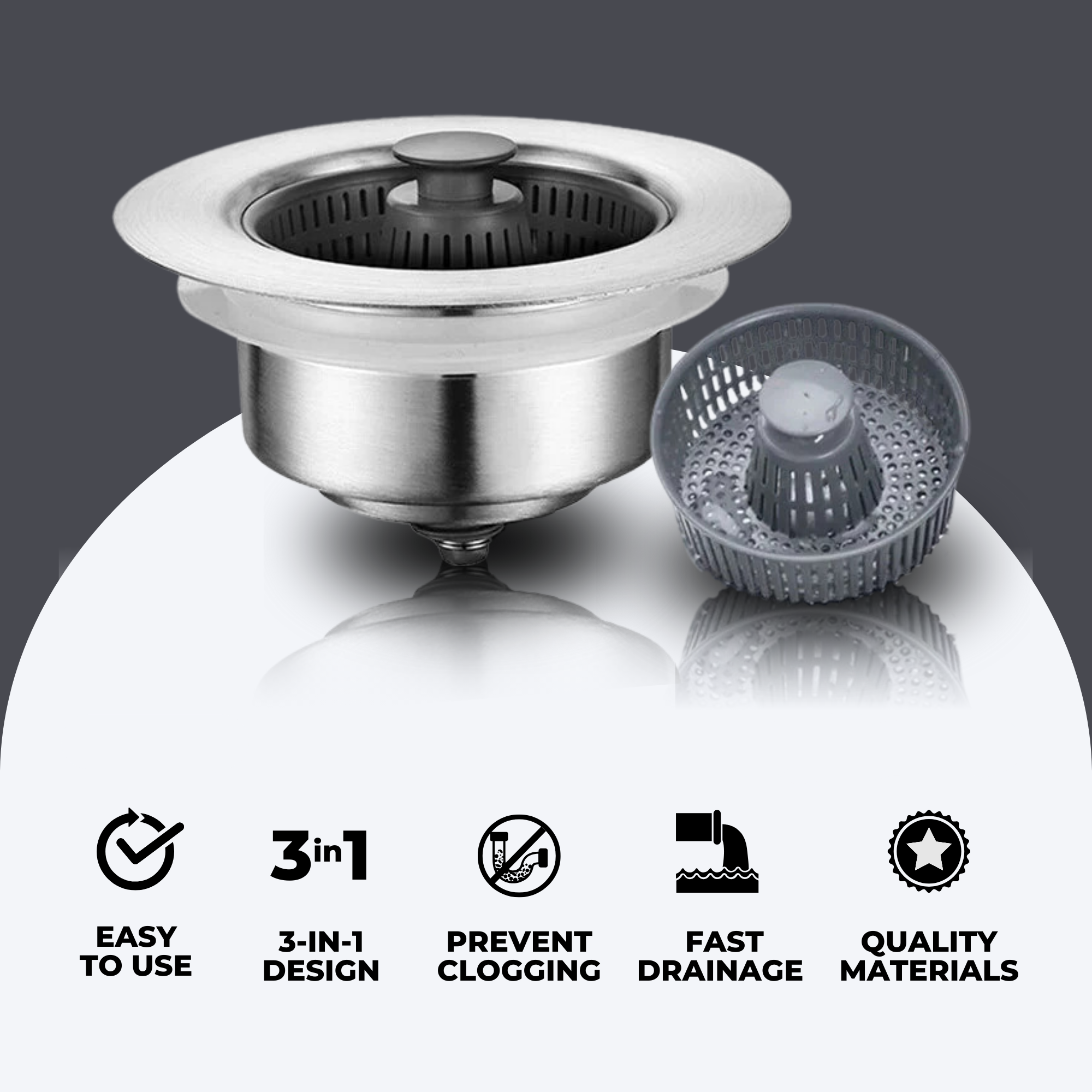 QuickFlow | 3-in-1 gootsteenafvoerstop, zeef & filter - druksiliconen gootsteenhulp