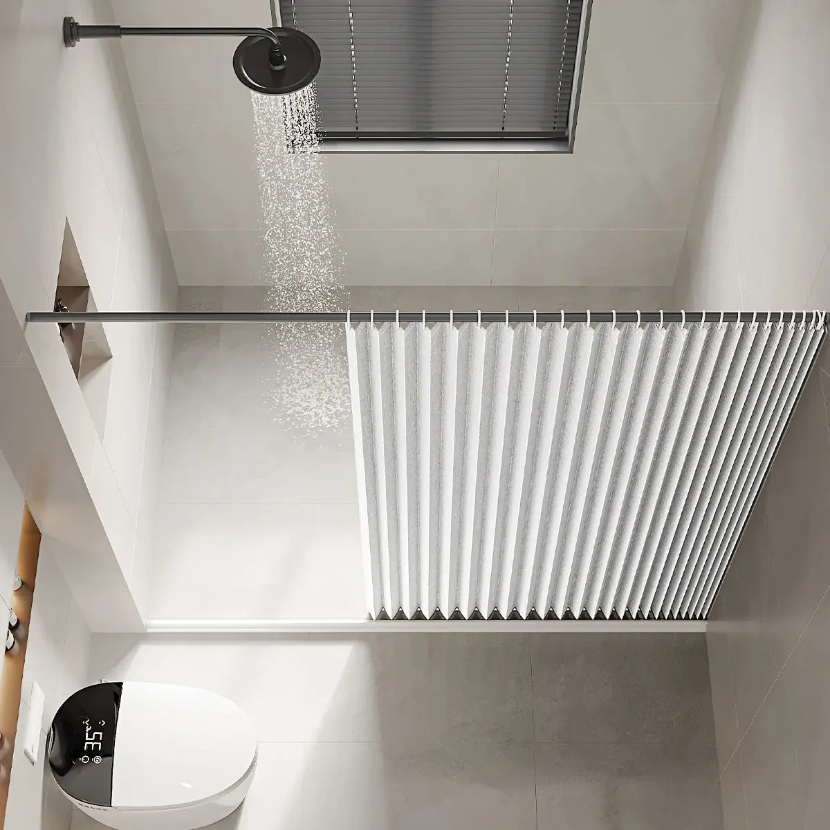 AquaVeil | Strakke minimalistische douchegordijn – waterdicht en sneldrogend badkameraccent