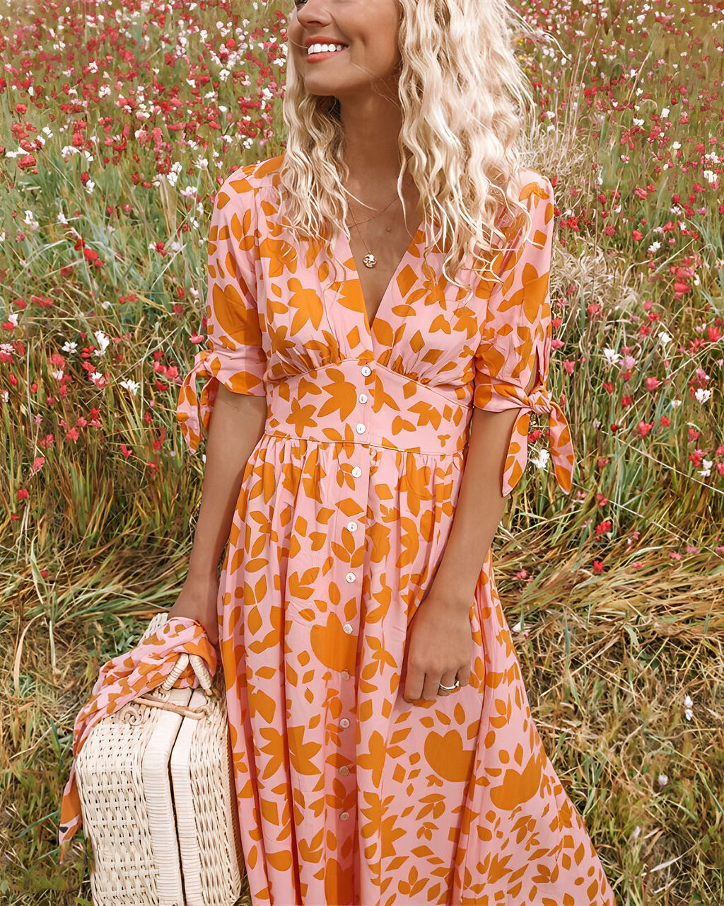 Galessa | Dames Oranje Bloemen Midi Jurk – Elegante Zomerjurk met Print