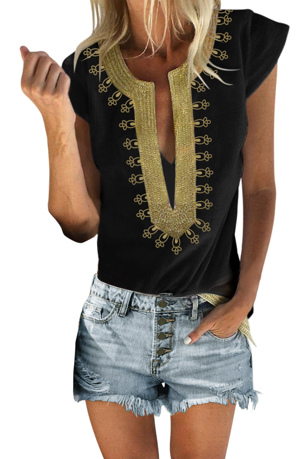 Ivara | Zwarte boho-blouse met print voor dames – Losvallend zomertopje met korte mouwen