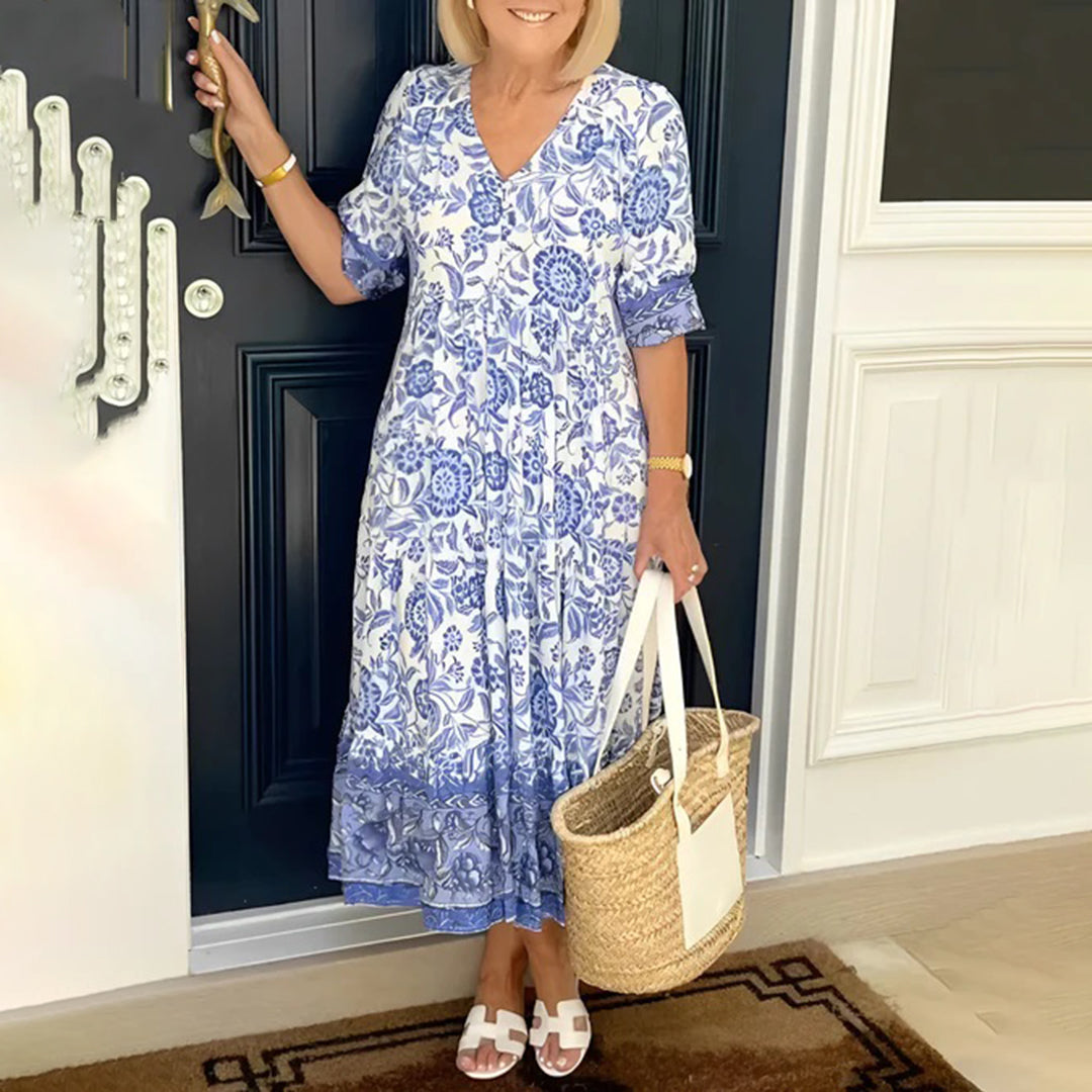 Rona | Dames Bloemen Midi Jurk – Casual Comfortabele Zomerjurk met Relaxte Pasvorm, Boho Stijl