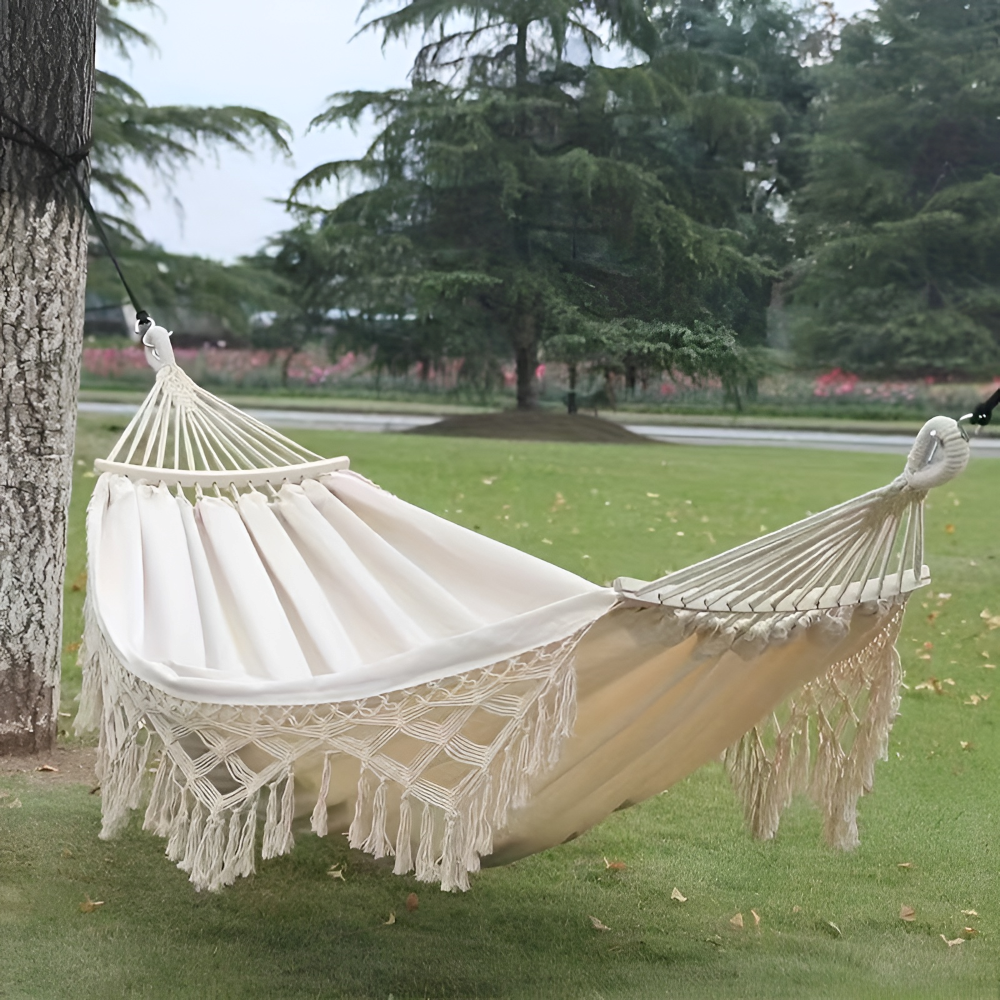 LazyBloom | Boheemse Katoenen Hangmat met Pompons, Binnen- en Buitenstoel voor Tuin