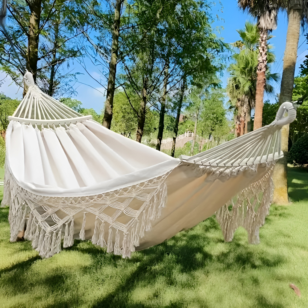 LazyBloom | Boheemse Katoenen Hangmat met Pompons, Binnen- en Buitenstoel voor Tuin