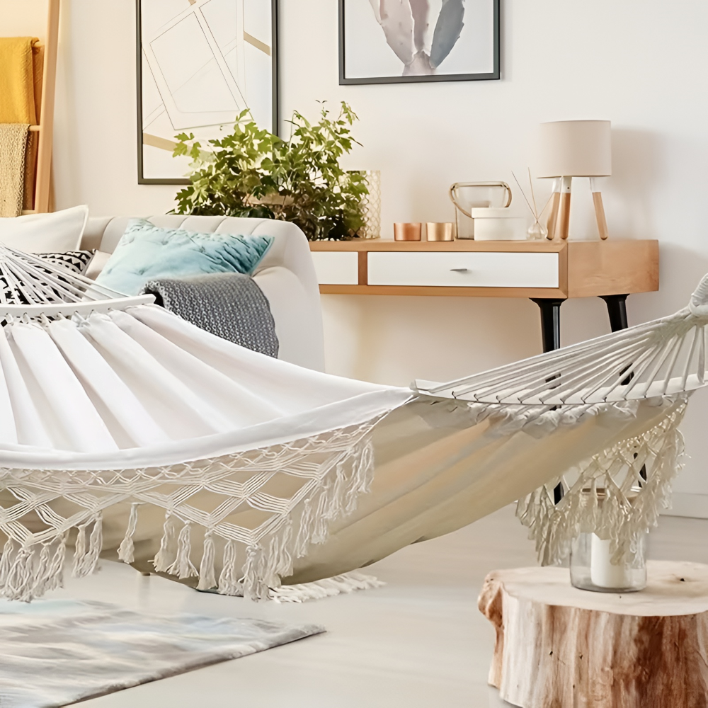 LazyBloom | Boheemse Katoenen Hangmat met Pompons, Binnen- en Buitenstoel voor Tuin
