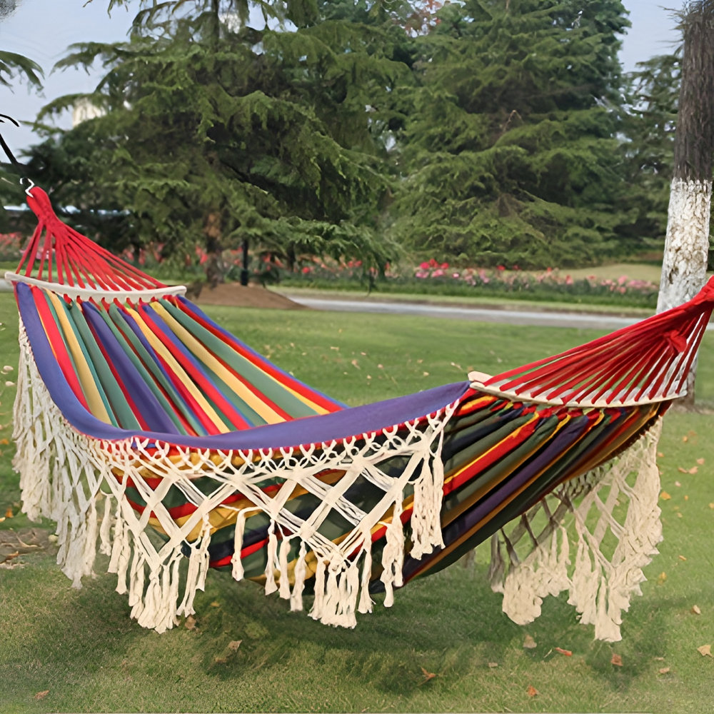 LazyBloom | Boheemse Katoenen Hangmat met Pompons, Binnen- en Buitenstoel voor Tuin